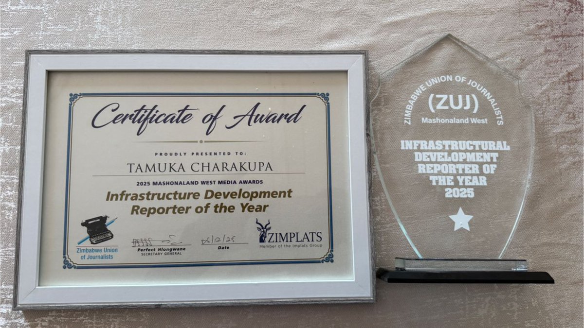 ZBC journalist Tamuka Charakupa has added another accolade to his growing list of achievements after being named the Provincial NJAMA Infrastructure Development Reporter of the Year for 2025.

The award recognises his consistent and impactful coverage of infrastructure