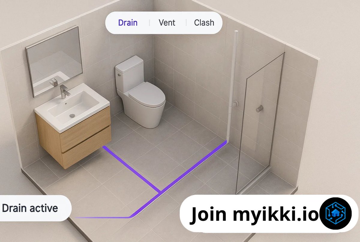 MyIkki_Network's tweet photo. Reroutes without the guesswork.

With MYİKKİ, you plan drain paths and vent stacks with rule checks (slope, diameter, connections) and automatic clash detection against structure/HVAC/electrical.

As you adjust routes, conflicts flip red → green; slope and diameter pills confirm compliance, and you can export a hookups sheet (PDF/CSV) plus an IFC slice for trades. Specs are locked and every change is logged (who/what/when/where).

Outcome: fewer site surprises, cleaner coordination, faster installs.

👉 https://t.co/cievy2WWSP

#plumbing  #bathrooms  #Coordination #DigitalTwin #NFTCommunity  #MYİKKİ #CryptoNews  #Community #Web3