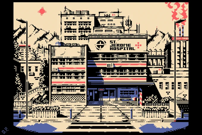 These 3 are, basically, different parts of the same town. You can see those pipes on "Hospital" as well. And "Gas" is on the other side of mountains. #pixelart