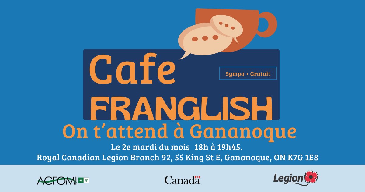 Café Franglish à Gananoque!

Chaque 2ᵉ mardi du mois, 18h-19h45, à la Légion (55 King St E).

Rencontrez, pratiquez le français ou l’anglais, débutants bienvenus!

Prochaine rencontre : 9 déc 2025.
RSVP : info@acfomi.ca