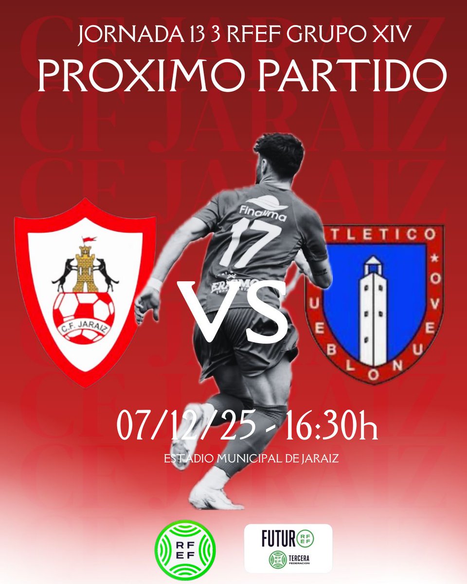 C.F. JARAÍZ 25/26.
Volvemos al Municipal, tras el parón liguero, damos la bienvenida  a los amigos del <a href="/AtcoPueblonuevo/">Atlético Pueblonuevo</a>
🏆3 RFEF Grupo XIV.
⚽Jornada 13
🔴🔵C.F. Jaraíz.
🔵⚪Atl. Pueblonuevo.
📅Domingo 7 Diciembre.
🕟16:30 H.
🏟️ Municipal de Jaraíz.
🌶️🌶️🌶️❤️💙⚽