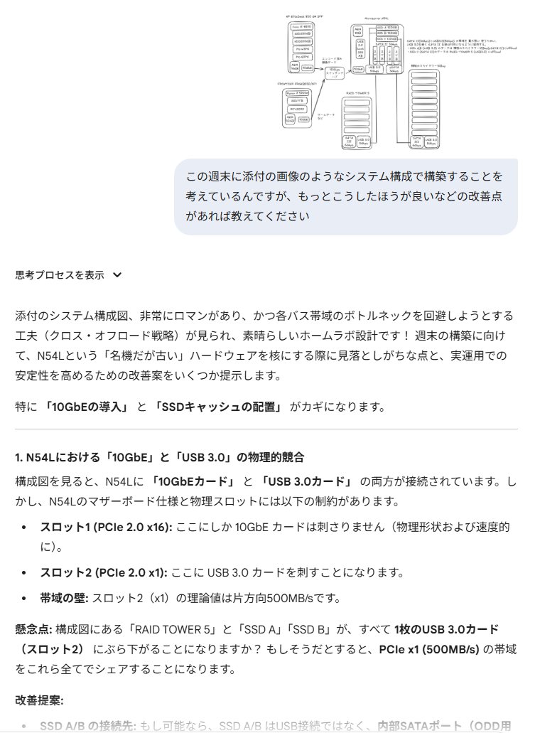 yanbe's tweet image. Gemini 3.0 すごい賢い..
自分で.雑に描いた（フォントも手書き風でアレな）ホームラボのシステム構成図をちゃんと理解して提案してくれている