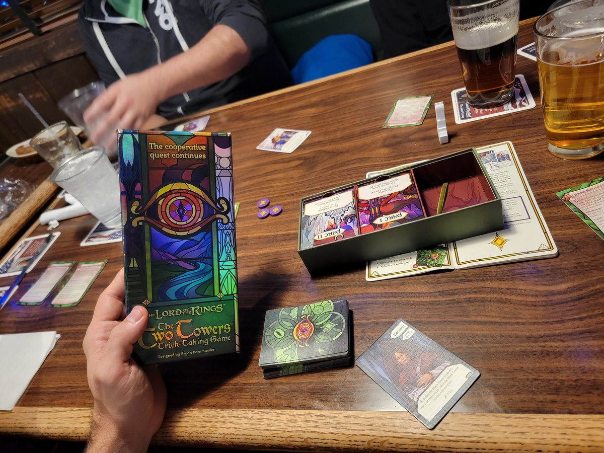 TDCJason's tweet photo. Just started "the Two Towers Trick-Taking Game," the second installment of the series, and it already feels like the perfect expansion. 

We played the first game week after week with the same group, and this is exactly what we wanted. Kudos to @OfficeDogGames and team. https://t.co/5jZ8QKwpQA