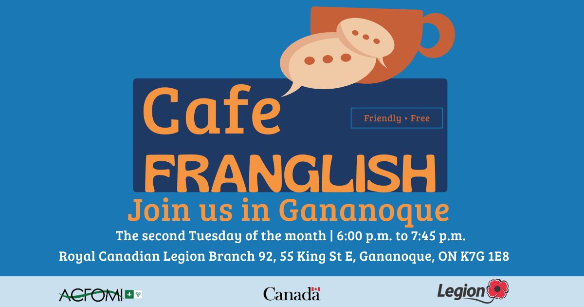Franglish Café in Gananoque!

Every 2nd Tuesday, 6–7:45 PM at the Legion (55 King St E).

Meet people, practice French or English, all levels welcome!

Next meet: Dec 9, 2025.
RSVP: info@acfomi.ca