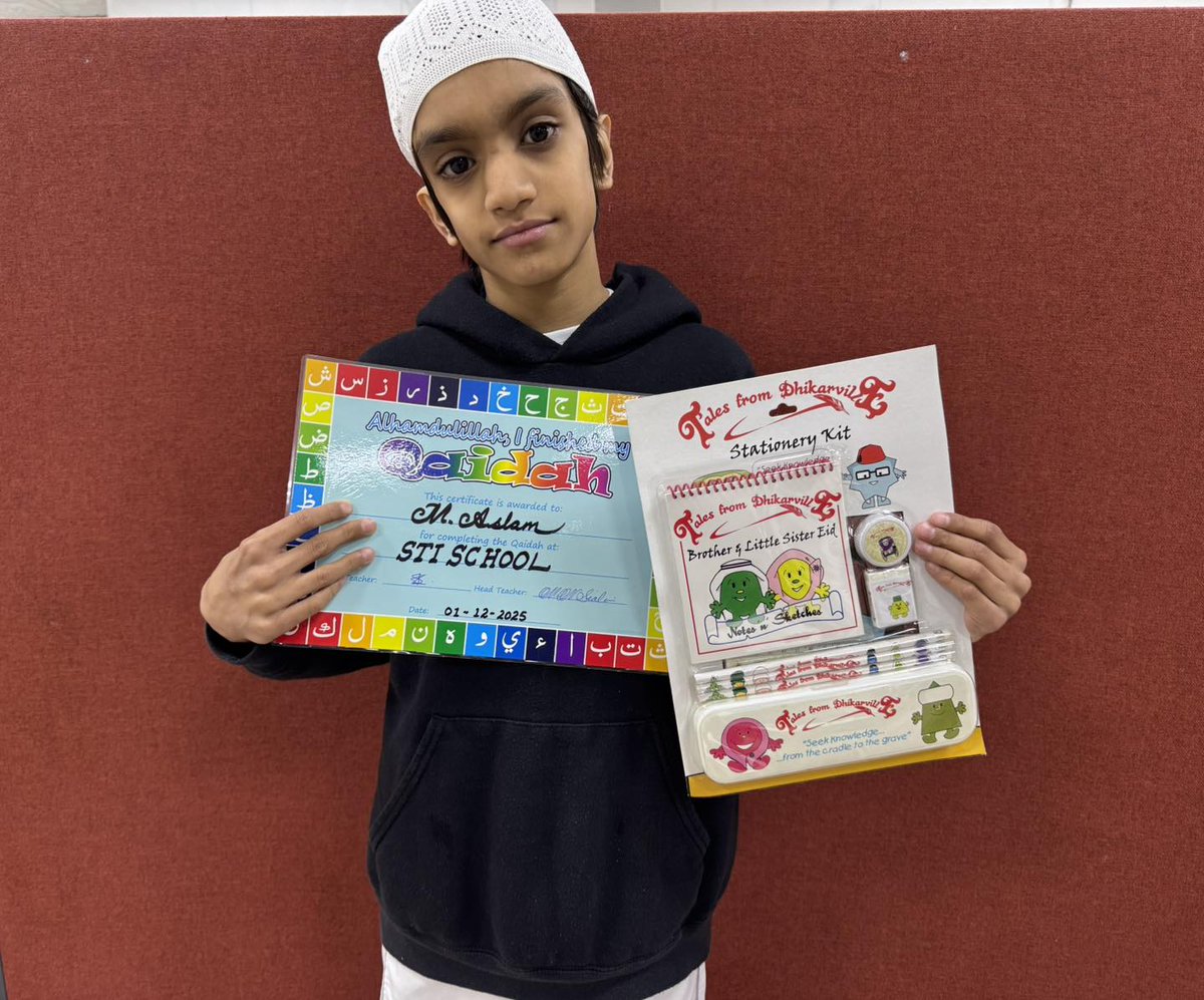 stischool's tweet photo. STUDENT RECEIVES AWARD FOR COMPLETING QAI’DAH

Well Done to Aslam for completing his Qai’dah. May Allah Ta’ala bless him and reward the efforts of his teachers, Ameen!

#stischool
#learn #practice #teach https://t.co/SPzY8b39wt