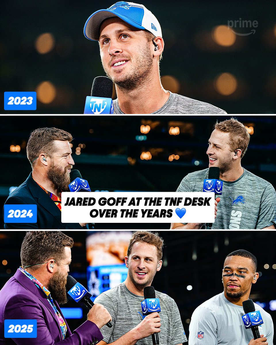 NFLonPrime's tweet photo. We love having Jared Goff on the #TNFonPrime desk 🦁 https://t.co/LsBT8CO11R