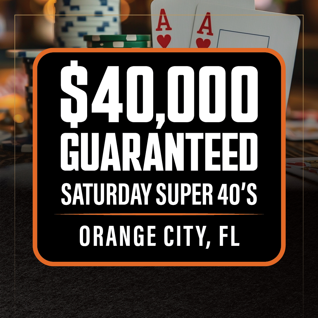 The highly anticipated Saturday Super 40's is TOMORROW 12/6 at #OrangeCityPoker! The cards start flying at 11:10am - this tournament features a $300 buy in, 40,000 units and 30 minute levels! 

You won't want to miss out on any of the action: bit.ly/4pJwLRo