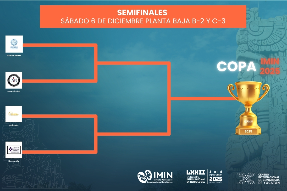 IMINmx's tweet photo. 🔥 ¡Las semifinales de la Copa IMIN 2025 ya están listas!

📅 Sábado 6 de diciembre
📍 Planta Baja B-2 y C-3

¿Quién logrará asegurar su pase a la gran final?

#IMIN #CopaIMIN2025 #LXXIICongresoInternacionalenNefrología https://t.co/VqjC37wvaA