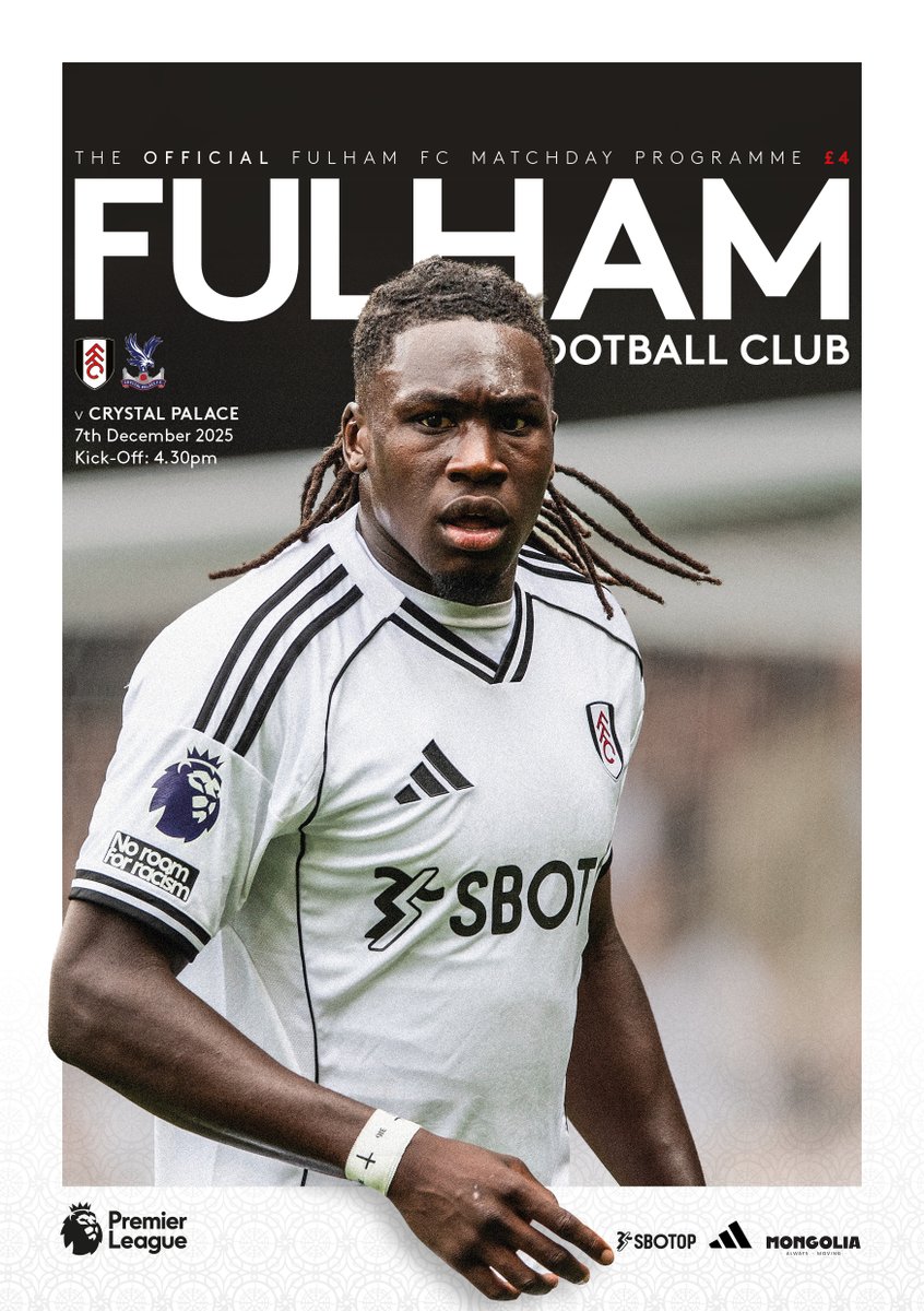 The <a href="/FulhamFC/">Fulham Football Club</a> v <a href="/CPFC/">Crystal Palace F.C.</a> programme for this weekend. Available at all vendors around Craven Cottage or order from <a href="/Pressboxpublish/">Pressbox Publishing</a>