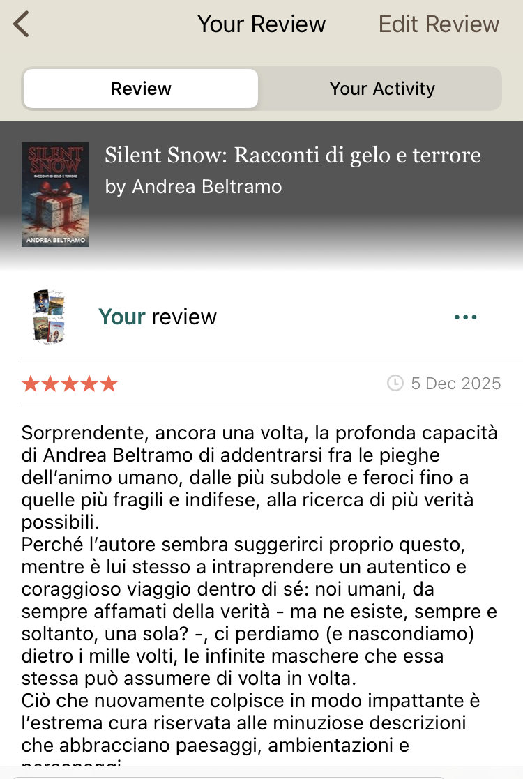 Recensione a “Silent snow” ~ racconti di gelo e terrore di Andrea Beltramo, una raccolta di nove racconti capaci di penetrarti e trafiggerti come lame affilate.
❄️🩸
“Il silenzio cade come la neve. Ma non tutto ciò che tace è morto.”

<a href="/CasaScrittori/">Casa degli Scrittori</a> <a href="/Basil_73/">Basilio Di Iorio 📚 #follipergialli</a> <a href="/Paolashap/">PaolaFosca #follipergialli</a>