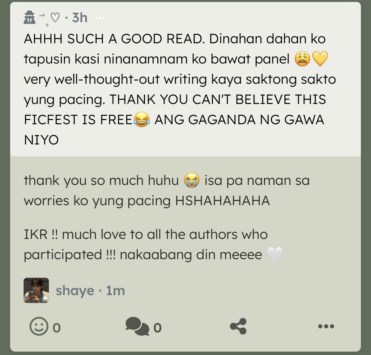 AHHH SUCH A GOOD READ. Dinahan dahan ko tapusin kasi ninanamnam ko bawat panel 😩💛 very well-thought-out writing kaya sakton… — thank you so much huhu 😭 isa pa naman sa worries ko yung pacing HSHAHAHAHA 
IKR !! much love to all the authors who partici… revospring.net/@jijilver/a/11…