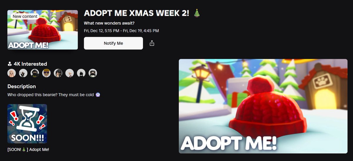 Week 2 of the Winterfest 2025 is now available on the Roblox events page! ❄️✨

#AdoptMe #Roblox