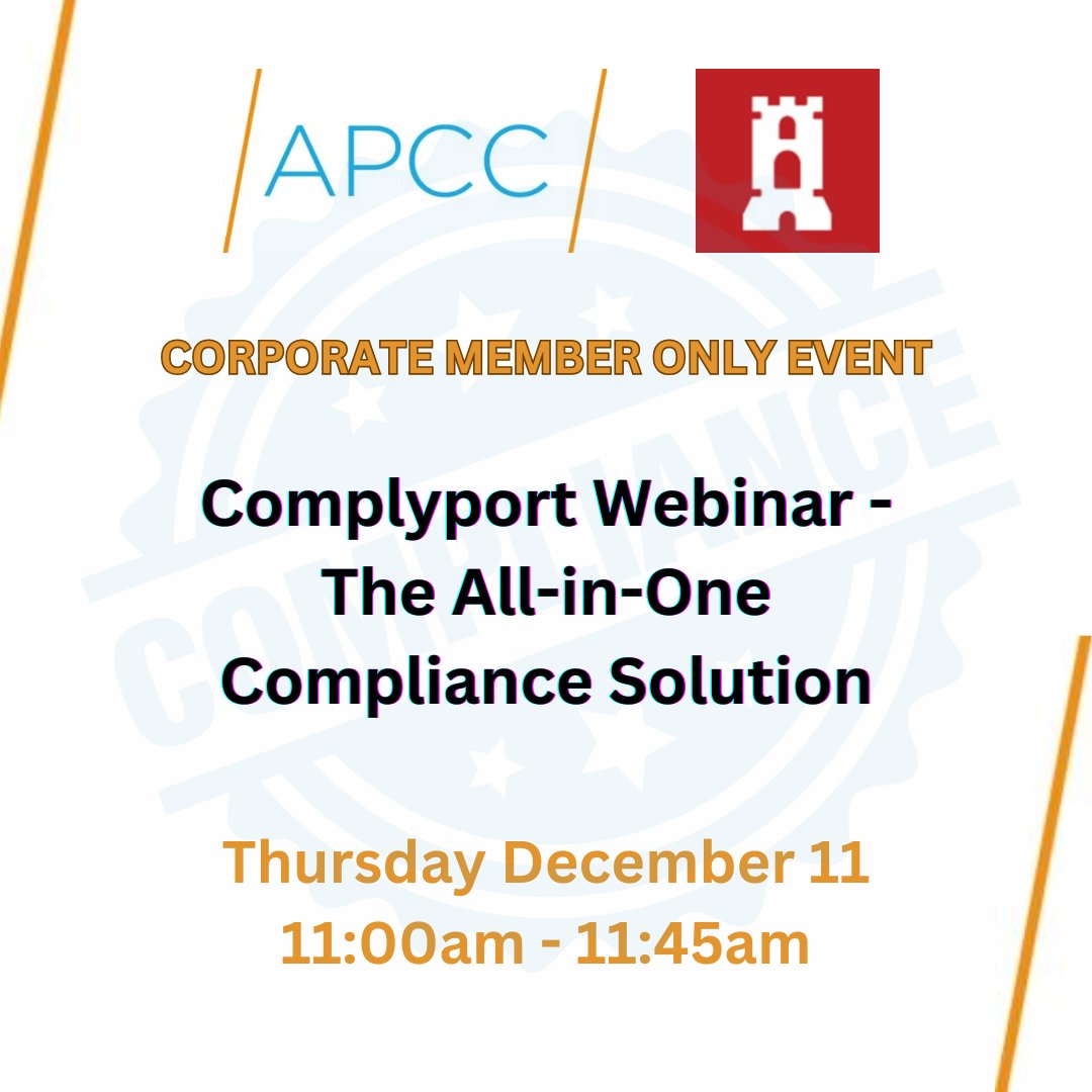 Join Complyport, LGCA, ComplyPortal and the APCC for an exclusive 30-minute session that introduces the All-in-One Compliance Solution.

Read more here bit.ly/APCC-Complyport  <a href="/complyport/">Complyport Limited</a>
