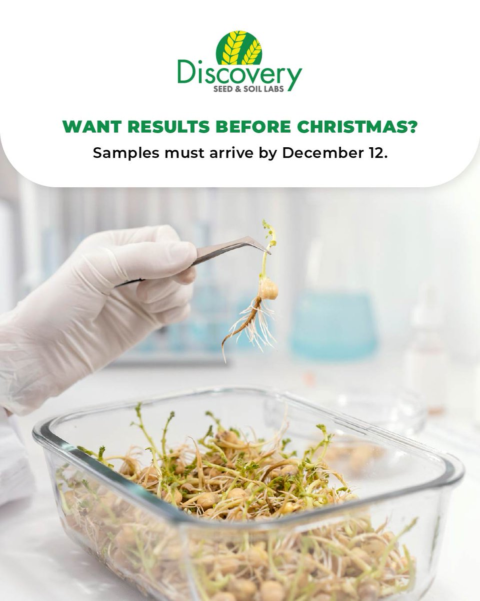 The holidays are coming fast, and our lab is filling up! If you need results back before Christmas, make sure your samples reach us by December 12. After that date, we can still receive samples, but pre-Christmas reporting is not guaranteed.

#DiscoverySeedLabs #Saskatoon