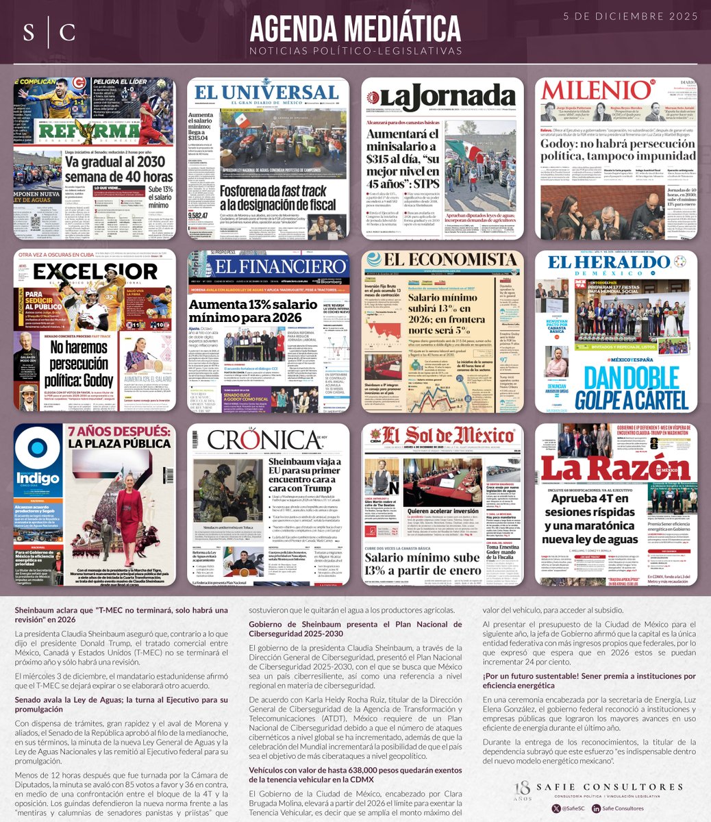 📰#SafieConsultores te presenta el análisis de la agenda mediática de hoy. Descubre las tendencias y temas clave que están marcando la conversación nacional. #PrimerasPlanas #politicanacional

💻mailchi.mp/safieconsultor…