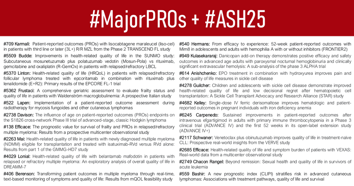 majorajay's tweet photo. Happy #ASH25 day!
Check out all of this year's #MajorPROsASH, the top 20 best patient-reported outcomes & quality of life abstracts from this year's @ASH_hematology annual meeting. 🧵 https://t.co/4qnxg34dGK