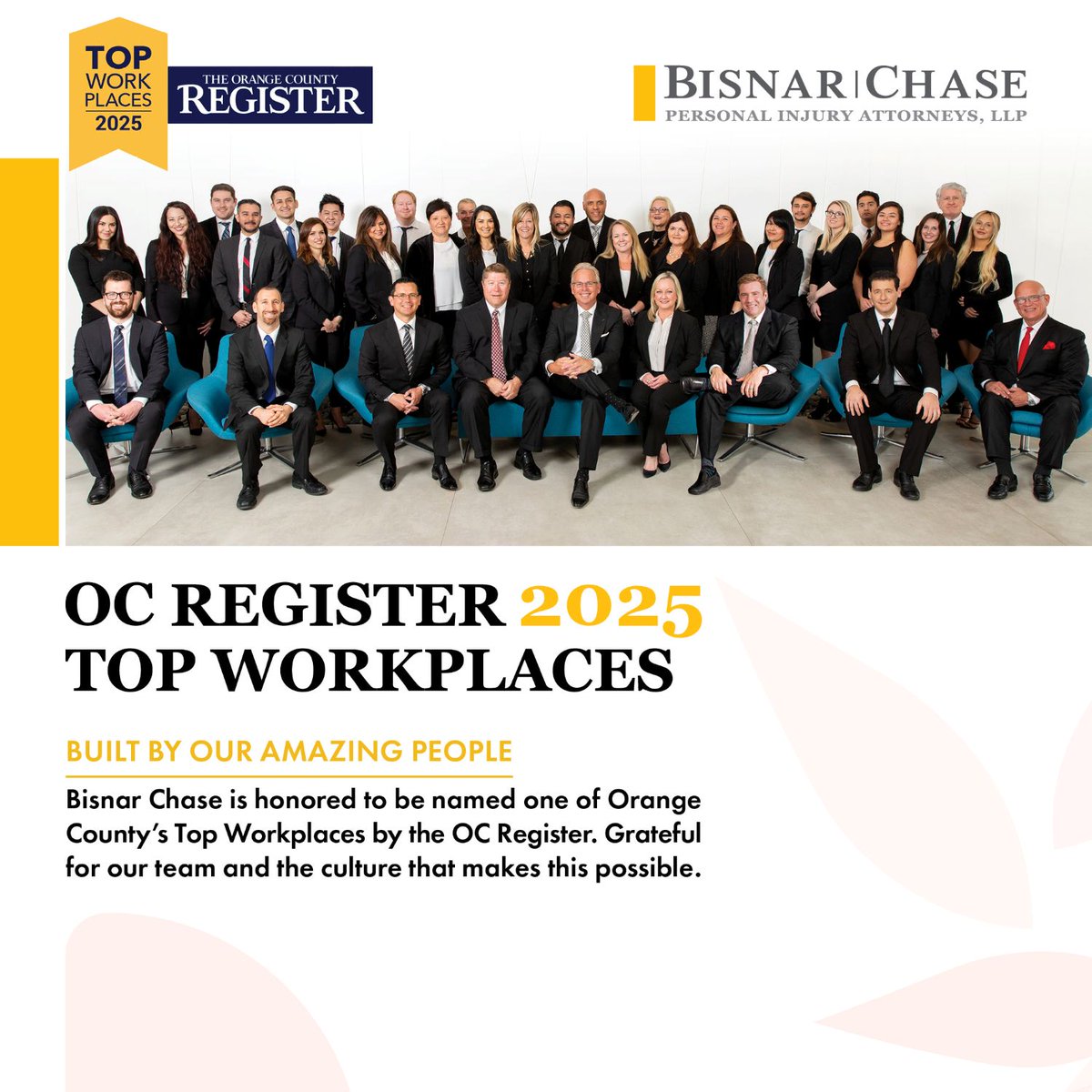🏆😍 Bisnar Chase named a Top Workplace in Orange County by the Orange County Register. Thank you to our team members who always go above and beyond and to our extraordinary management for such an incredible work environment.