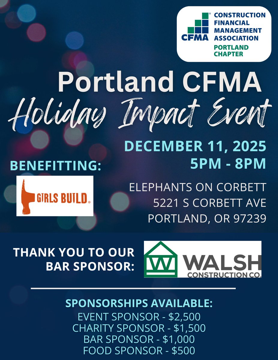 PortlandCfma's tweet photo. Next week!  ✨

We still have sponsorships available for this event -- Select your sponsorship level during registration.  ✔️

🌟 Register now to attend ➭➭ https://t.co/ZJ1SNE5DL9

#CFMAPortland #CFMA #HolidayImpact #GirlsBuild #PortlandEvents #CFMAGivesBack https://t.co/7Dwd3pfbeJ