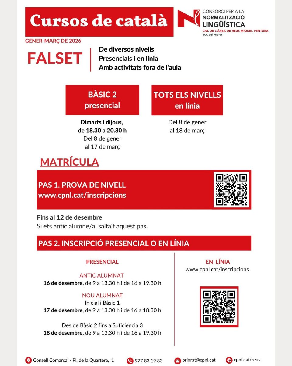 CNLReus's tweet image. 👉 Informació i horaris dels cursos del Servei Comarcal de Català del Priorat

@ccpriorat @falset_cat @bibliofalset @cpnlcat
