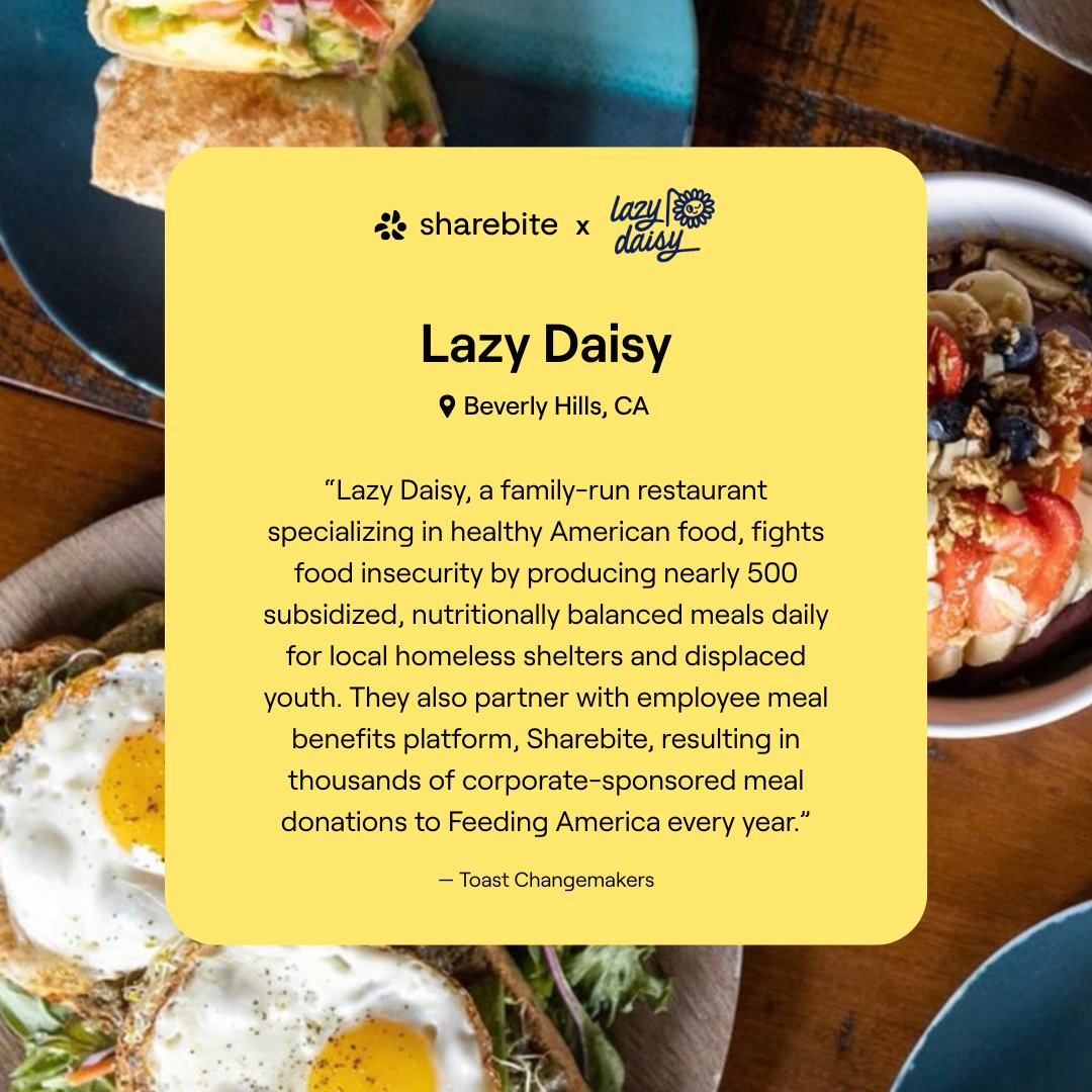 At Sharebite, we are especially proud to partner with restaurants that feed their communities in more ways than one. 

#LazyDaisy in #BeverlyHills is a perfect example. A fan-favorite across Sharebite clients, this family-run restaurant is also combating food insecurity in its