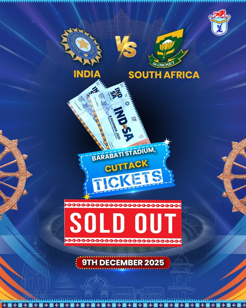 cricket_odisha's tweet photo. 🏏 All Tickets Sold Out!

Thank you to all our fans for following the rules and guidelines, making the ticketing process smooth and hassle-free. Your support means a lot!

See you on match day at Barabati Stadium.

⚠️ Note: No further tickets will be available for purchase tomorrow.

#INDvsSA #1st #t20cricket #oca #bcci #odishacricketassociation #barabati #cuttack #barabatiroar #cricket #cricketlovers