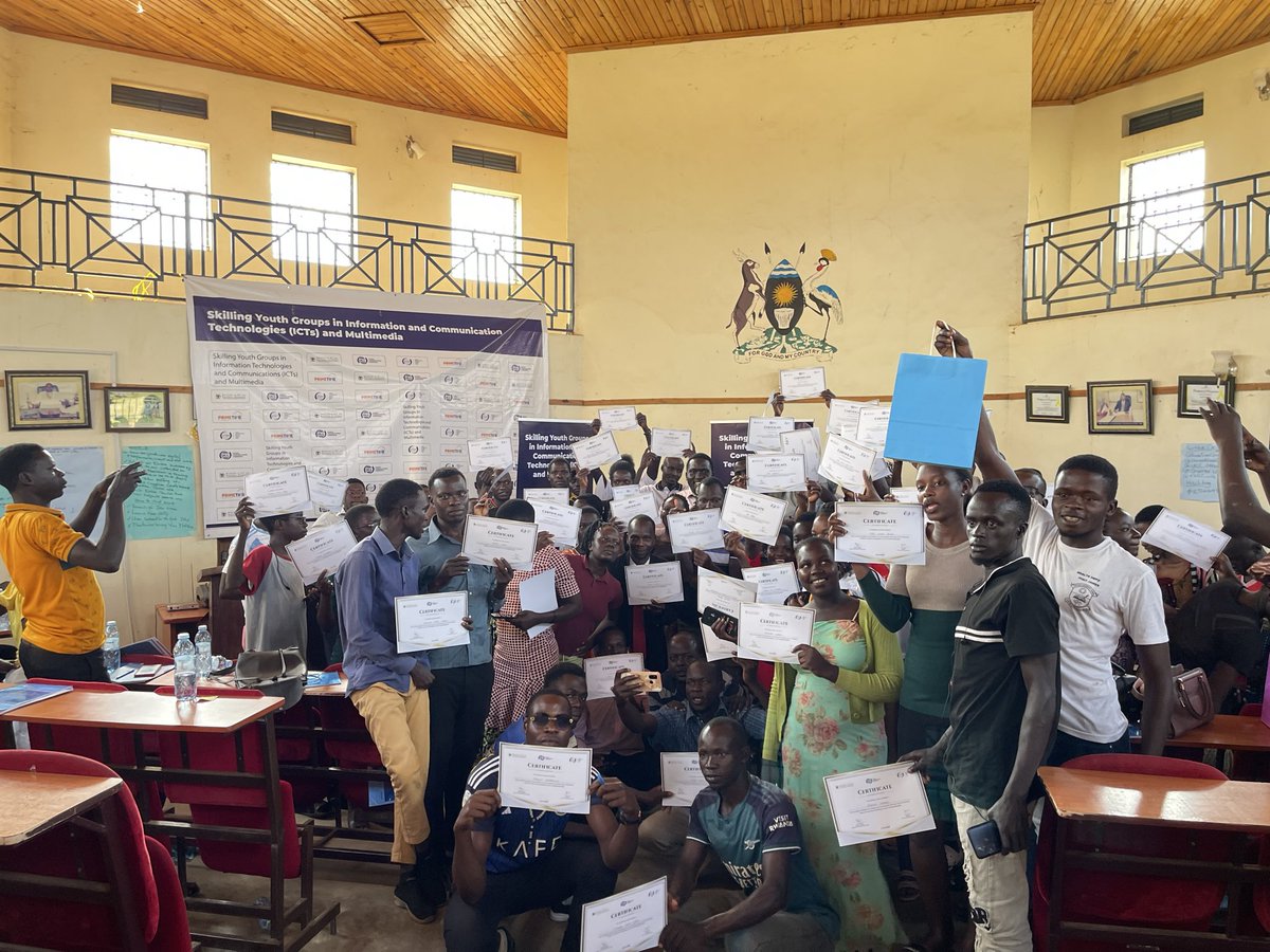 PrimeTimeComms's tweet photo. Outstanding trainees of the #ICTSkills4Youth program in @GovtKumi were recognized and awarded for their exceptional performance. Okalebo Daniel emerged in first place, followed by Acom Hellen Christine in second place, and Oenen Samuel in third place.

These outstanding youth were part of the cohort that successfully completed the five-day training, where they were introduced to various social media platforms and equipped with essential digital skills, including content creation, video, photo and audio editing, graphic design, and the use of AI tools.

The #ICTSkills4Youth program, implemented in partnership with @UCC_Official, UCUSAF, and @PrimeTimeComms. Through this phase, we are equipping over 500 young people across Kapchorwa, Kumi, Manafwa, Butaleja, and Kamuli with vital digital skills that enhance their employability and unlock new opportunities in today’s digital economy.