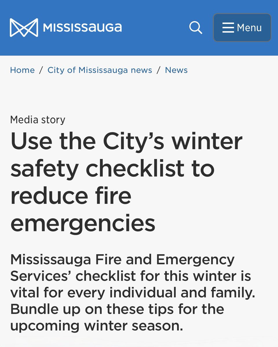 Have a fun and safe winter season, Mississauga! Use the <a href="/citymississauga/">City of Mississauga</a>’s winter safety checklist and learn more about how to reduce fire emergencies from Mississauga Fire and Emergency Services <a href="/MississaugaFES/">Mississauga Fire</a>. For more information please visit: bit.ly/3LY0G9T
