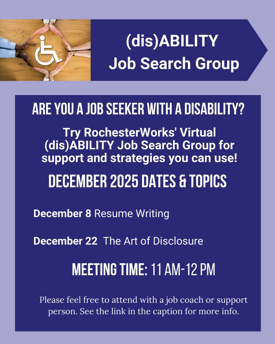 RochesterWorks's tweet image. Are you a job seeker with a disability? Join RochesterWorks Disability Resource Coordinator Lindsay Murphy on Monday, where the topic will be Applicant Tracking Systems.

Sign Up: djsg.eventbrite.com

#Inclusion #JobStrategyGroups #CareerSupport #DisabledWorkers