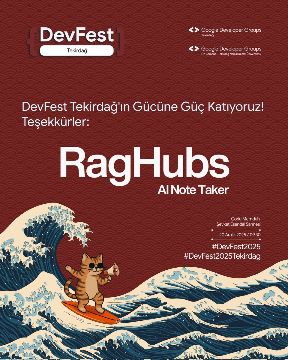 DevFest Tekirdağ’a güç katan RagHubs’a teşekkürler! ⚡️
Katılan herkese 1 aylık RagHubs Premium,
DevFest günü ise 3 kişiye 1 yıllık Premium çekilişi! 🎁
📍 Çorlu M. Şevket Esendal
🗓️ 20 Aralık • 09.30
Kayıt: bit.ly/devfest2025tek…