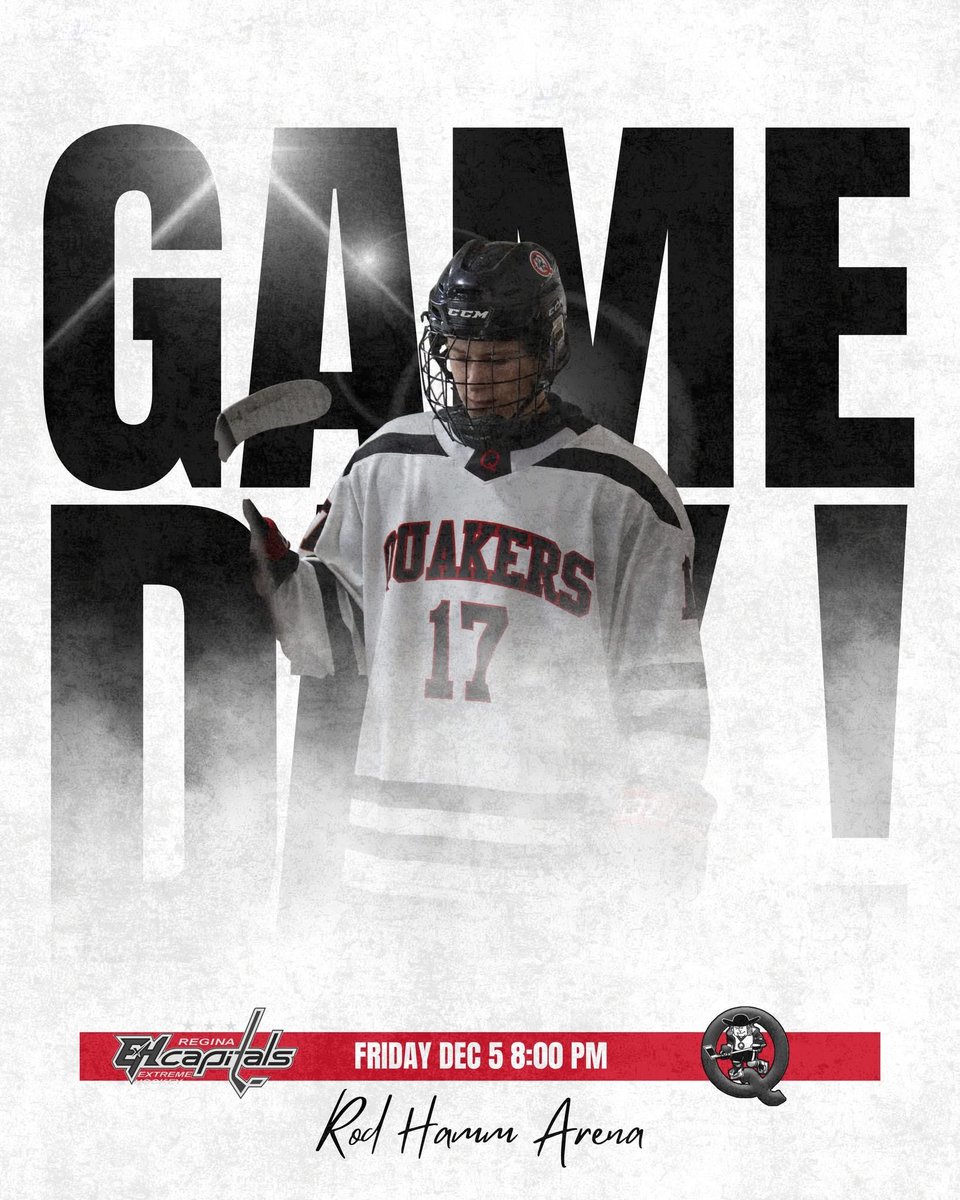 It’s GAME DAY!

Kicking off the month at home against the Regina Capitals!

🕗 Puck Drop: 8:00 PM
📍 Rod Hamm Arena

#QuakersHockey | #GameDay
