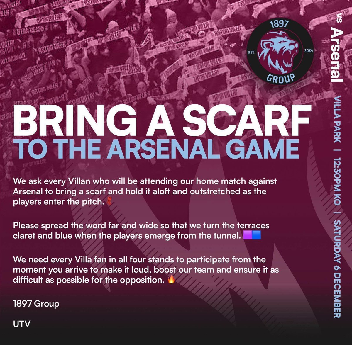 VP1897's tweet image. Bring your scarves and your voices. 

Hold your scarf aloft and outstretched when the players enter the pitch. 

We are Aston Villa. This is Villa Park.

#avfc #utv #1897Group #AVLARS #VTID