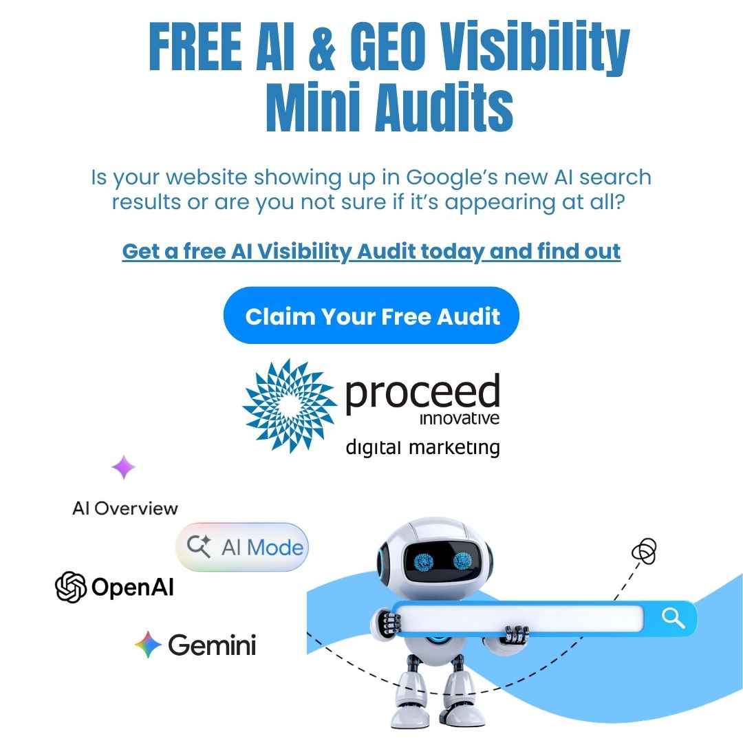 proceed09's tweet photo. Is your website showing up in Google’s new AI search — or are you not sure at all?

We’re giving away 5 FREE “AI &amp; GEO Visibility” Mini Audits this month to help you see exactly how you appear in AI search.

Claim your free audit today.
https://t.co/JQACvoz8oS https://t.co/ODFZBqTnQn