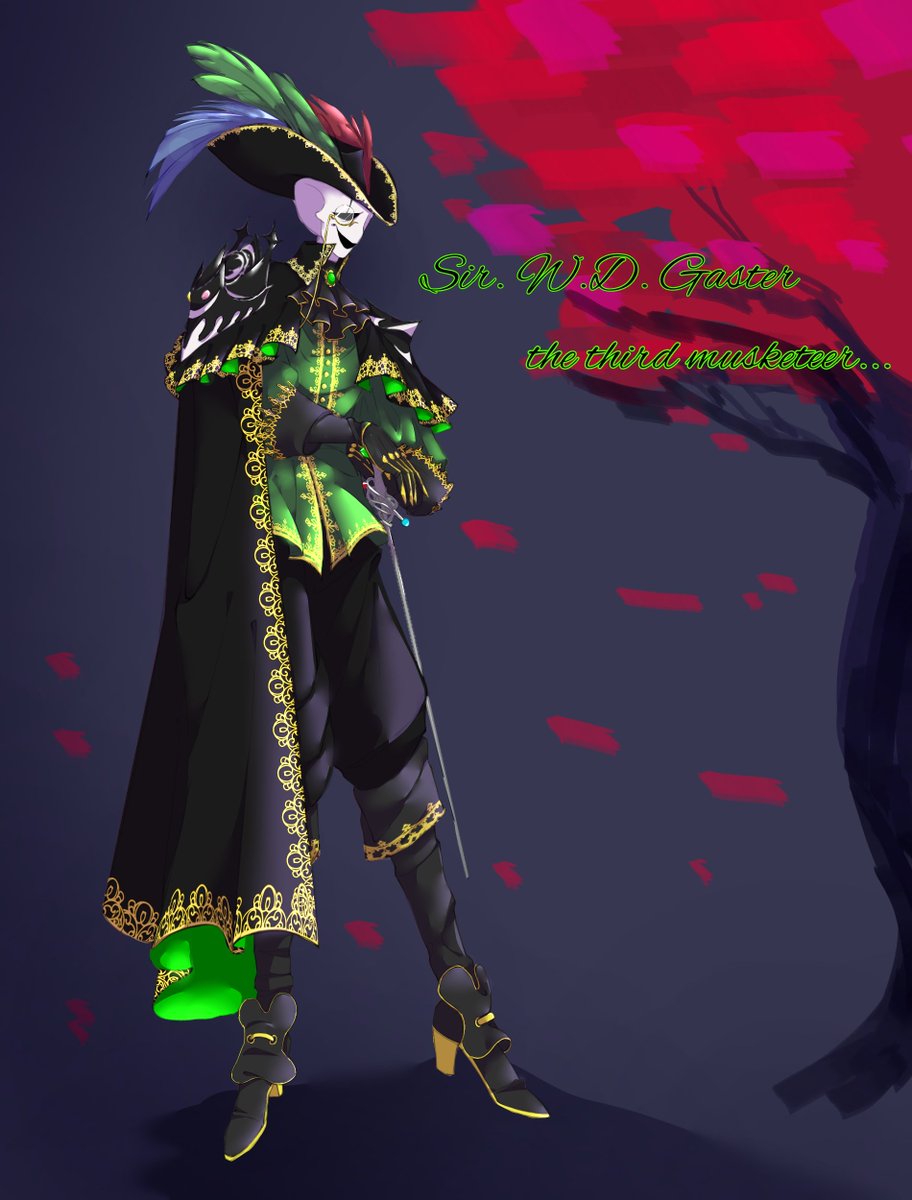 You've waited, patiently, you colored my soul with care and fanart, so I bringing you your desire! 
MUSKETEER AU GASTER! WELCOME TO THE FAMILY TRIO❤️💚💙
#Undertale #Gaster