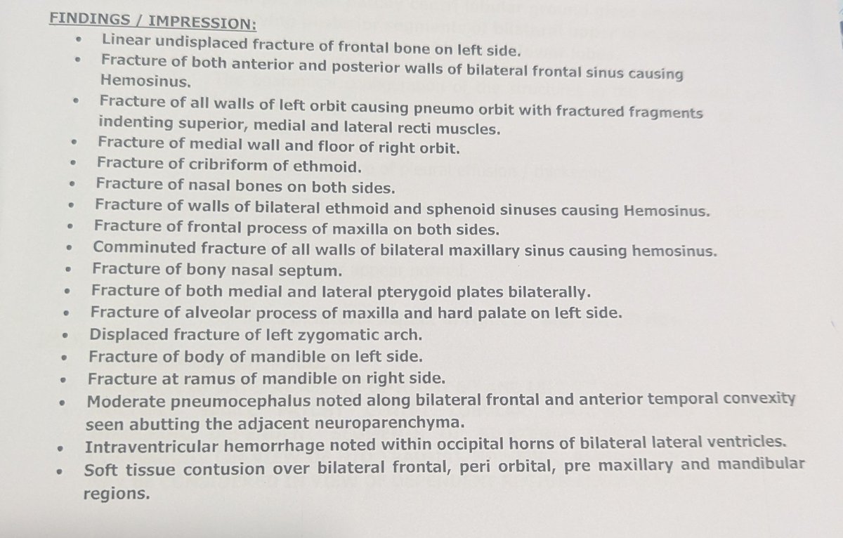 28 Male
Head-on collision of two wheeler with lorry. No helmet.

CT:
Pneumocephalus
Intraventricular hemorrhage
Fracture of almost every facial bone
Fracture ribs. No hemo, pneumothorax 
Liver lacerations. AAST 4.

On receiving in the ICU,
E4M6
Vitals stable

Mouth opening