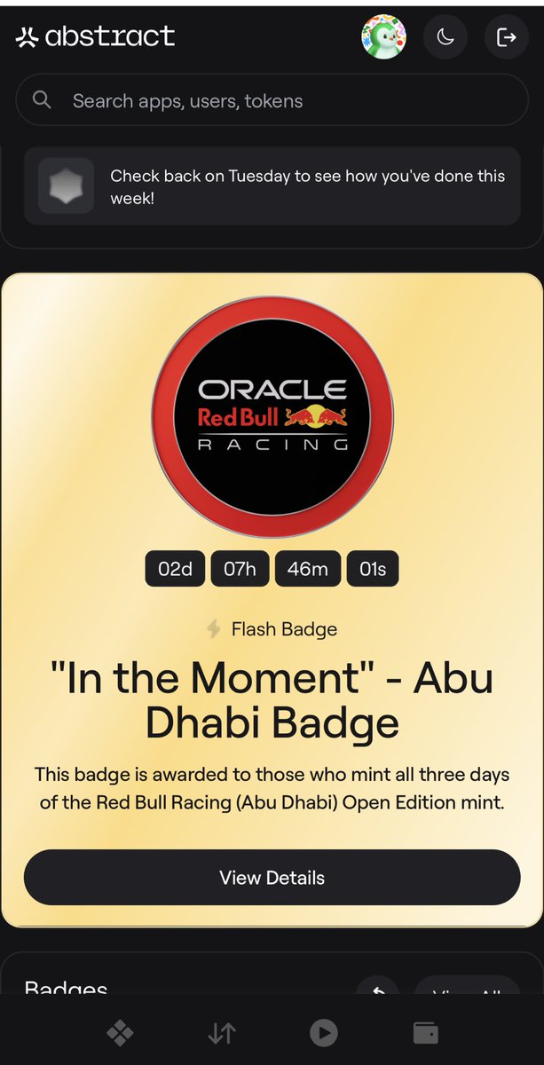 Don’t forget to mint your badges for the next three days at the <a href="/AbstractChain/">Abstract</a> portal

You can mint 2 for free 
<a href="/redbullracing/">Oracle Red Bull Racing</a> 
<a href="/Gate/">Gate</a>