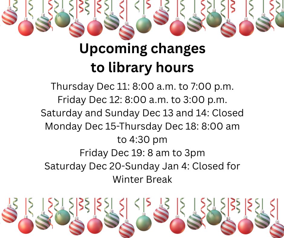 clarkelib's tweet photo. Just a slight change to the hours on Thursday Dec 11- the library will close at 7PM! https://t.co/66hxR5Iduc