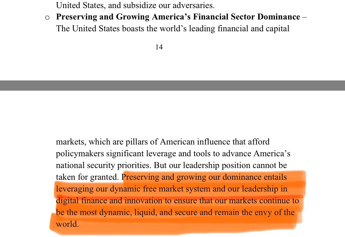 Interesting wording in the priorities listed in the National Security Strategy released last month. 

“Preserving and growing our [financial sector] dominance entails leveraging our dynamic free market system and our leadership in digital finance and innovation to ensure that our