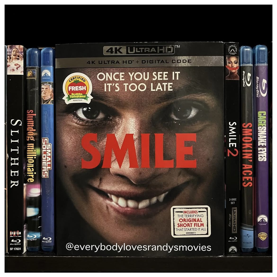 RandysMovies's tweet image. Movie: #Smile (2022)

Starring: #SosieBacon #JessieTUsher #KyleGallner #RobinWeigert #CaitlinStasey #KalPenn #RobMorgan #JudyReyes 

Directed By: #ParkerFinn

#4kBluRay 
#MovieNerd 
#MovieCollector
#4kBluRayCollection 
#MovieCollection 
#MovieBuff
#PhysicalMedia 
#FilmTwitter 🙂
