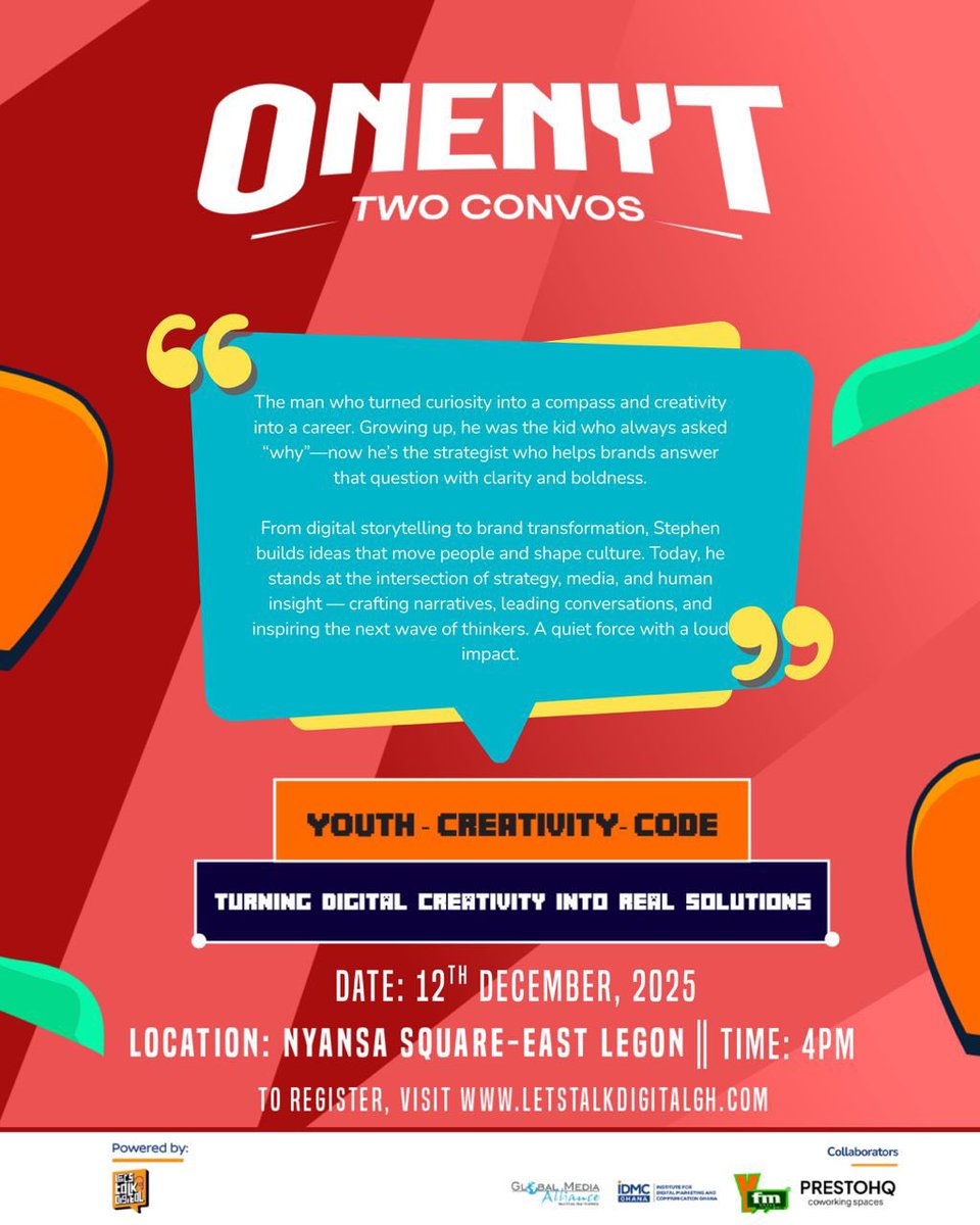 We're thrilled to welcome <a href="/Naasei/">Stephen Naasei Boadi</a> to the panel
The strategist, storyteller and big-thinker joining us to decode ideas, spark perspectives and challenge the status quo.
Get ready - insight is about to hit different !!
#OneNyt2Convos
#LetsTalkDigital #theBIGUnfold
