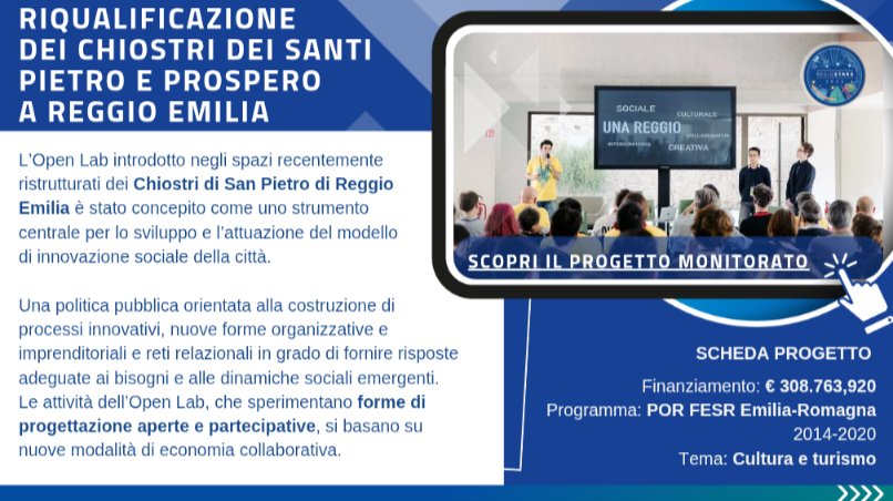 PrFesrER's tweet photo. 📣🇪🇺 Su OpenCoesione lo speciale sui 36 progetti italiani candidati al contest RegioStars 2025, che premia le iniziative finanziate dai Fondi europei! C'è anche l'Emilia-Romagna con il Laboratorio aperto di Reggio Emilia, esempio di rigenerazione urbana e innovazione tecnologica. https://t.co/JHmTaBFrp9