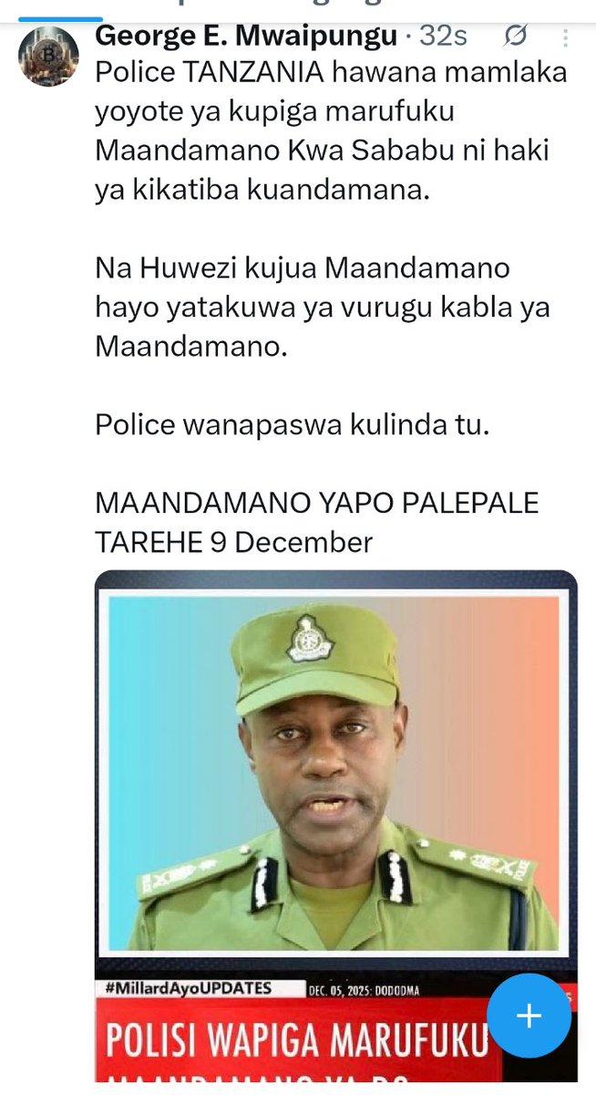 mwaipungu24's tweet photo. MAANDAMANO YAPO PALEPALE TAREHE 9 December https://t.co/8poGO50zTX