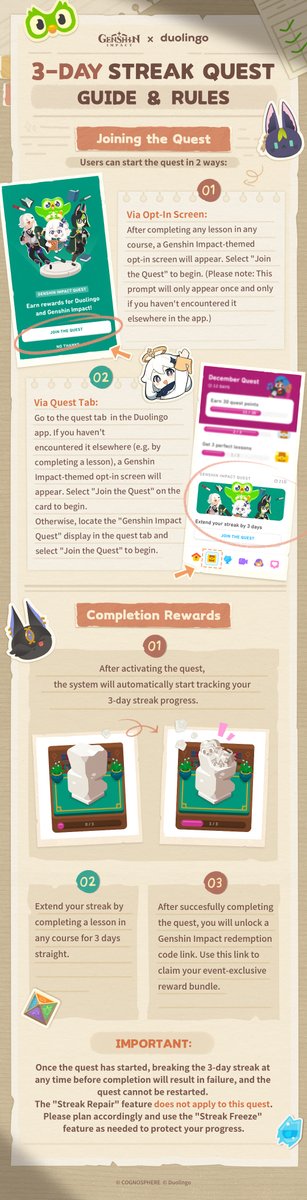 GenshinImpact's tweet image. #GenshinxDuolingo #GenshinLunaIII #GenshinImpact 
Hi! It's Paimon!🥺

The Genshin Impact × @duolingo collaboration starts on December 8!

Complete the "Genshin Impact Quest" in the Duolingo app with Paimon, Tighnari, Cyno, and Duo to earn exclusive in-game rewards! For full event…
