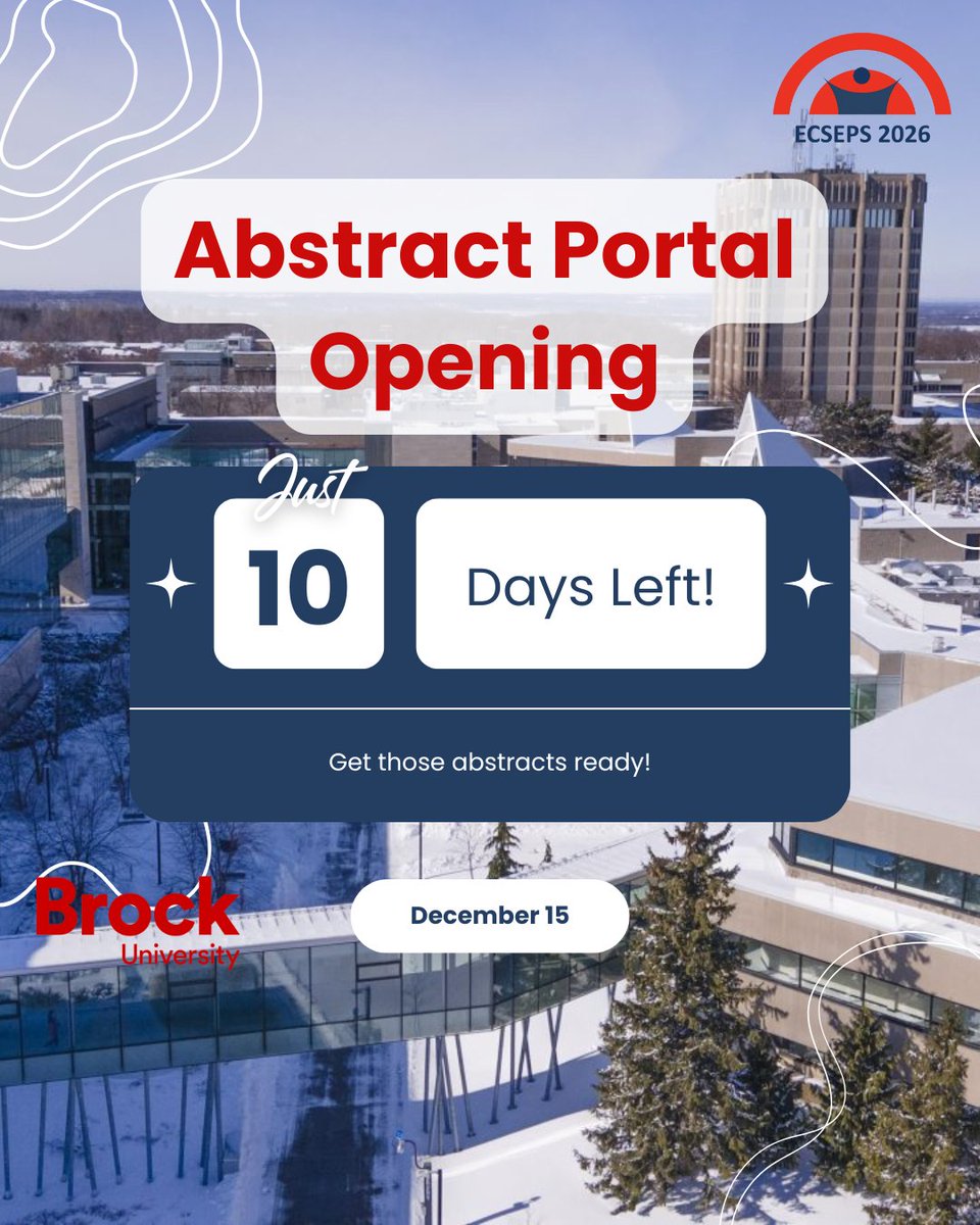 EcsepsCanada's tweet photo. 1️⃣0️⃣ days left until the abstract portal opens!

Abstracts can be submitted via the ECSEPS website from December 15, 2025 to January 30, 2026.

Completed projects and proposals are welcome. https://t.co/TCTbX5wdxH