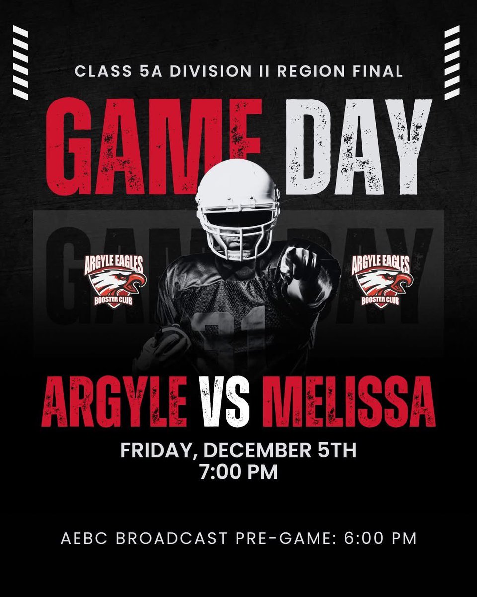 ArgyleSports's tweet photo. GAME DAY, EAGLES! Argyle battles Melissa in the Class 5A DII Region Final. Kickoff at 7:00 PM, don’t miss the action! Listen live to the AEBC Broadcast at the link below or in our bio 🦅🏈 #ArgyleProud #fridaynightlights
🔗 https://t.co/F2y0PKFDkN https://t.co/U76QmuImwY