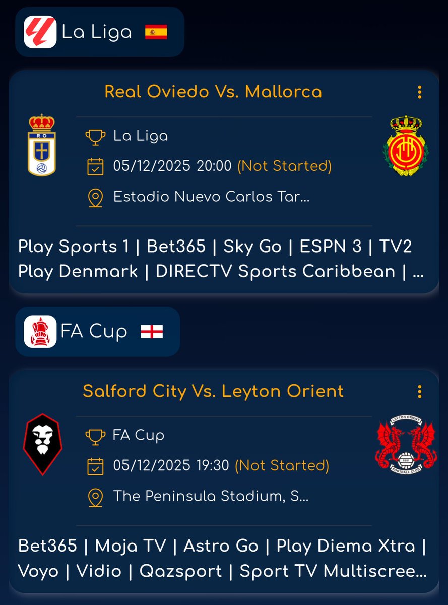 Todays Key Fixtures ⚽️🔥

#LaLiga:
🇪🇸 Real Oviedo Vs. #Mallorca

#FACup:
🏴󠁧󠁢󠁥󠁮󠁧󠁿 Salford City Vs. #LeytonOrient

#Championship:
🏴󠁧󠁢󠁥󠁮󠁧󠁿 Hull City Vs. #Middlesbrough

#Bundesliga:
🇩🇪 FSV Mainz 05 Vs. #BorussiaMönchengladbach

#Ligue1:
🇫🇷 Brest Vs. #Monaco

#Premiership:
🏴󠁧󠁢󠁥󠁮󠁧󠁿 #Larne Vs.
