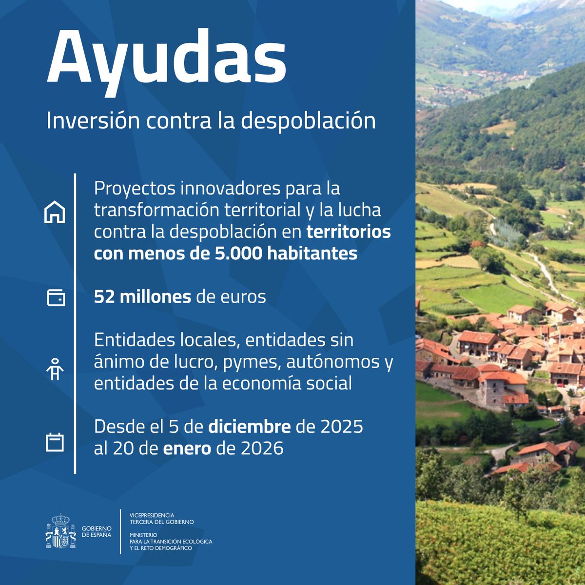 🔵 AYUDAS

52 millones € para proyectos destinados innovadores en municipios <5.000 habitantes

Hasta el 90% del coste de los proyectos y un máximo de 300.000 €
🏡 Para entidades locales, PYMEs, autónomos...

Solicitudes hasta el 20/01/2026
» t.ly/w_Qrj