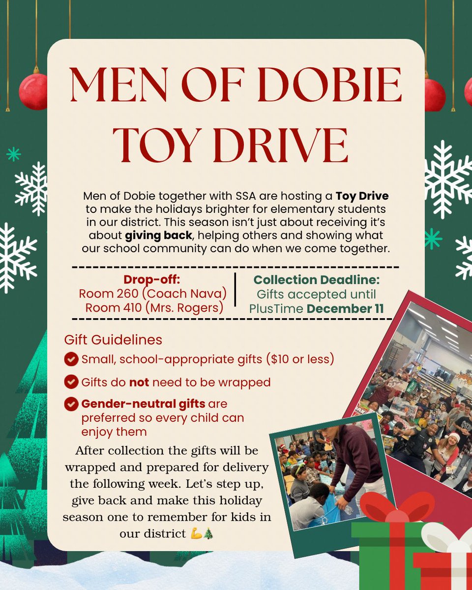 truly_nate73's tweet photo. WE’RE CALLING ON ALL STUDENTS, PARENTS, TEACHERS, ADMIN, AND COACHES TO DONATE ONE SMALL GIFT UNDER $10 THIS CHRISTMAS SEASON TO HELP A YOUNG CHILD OUT. 

Drop off your gifts at Dobie High School with a note stating: Men of Dobie Toy Drive https://t.co/SL8ngDFERj