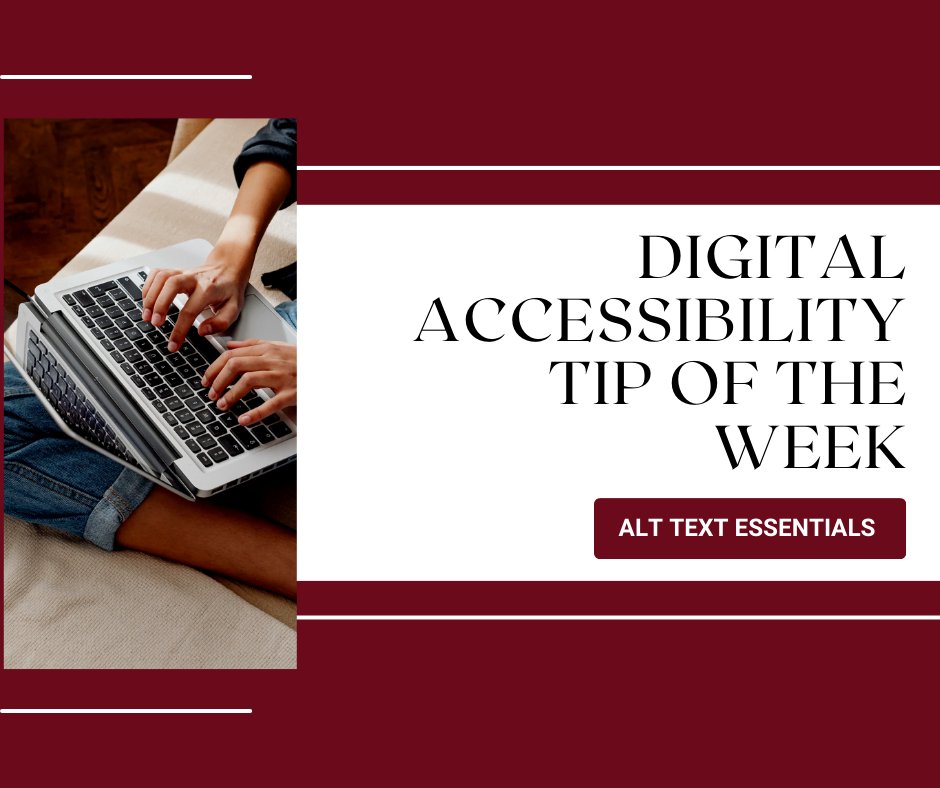 UofSC_CTE's tweet image. Tip of the Week ✨

Alt text provides a written description of images for screen reader users. Keep it concise but meaningful—explain what the image conveys, not just what it shows. #DigitalAccessibility #TipoftheWeek

Read more --&amp;gt; ow.ly/IUBs50XCc4N