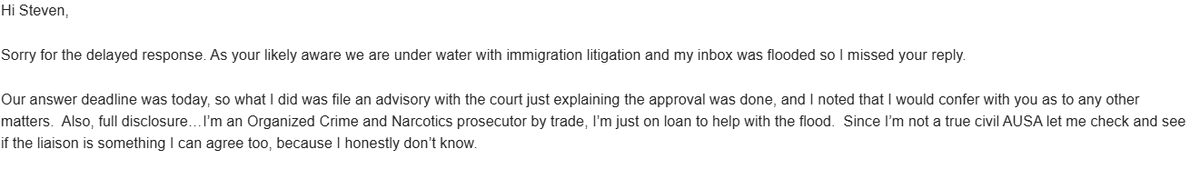 AttyStevenBrown's tweet photo. Amazingly, there is so much immigration litigation in district courts (mostly habeas cases that they are losing constantly in Article III Courts, but this was an EB-5 AOS delay case that @BaniasLaw and I brought) that the DOJ is pulling organized crime and narcotics prosecutors to work on them. What a terrible use of resources