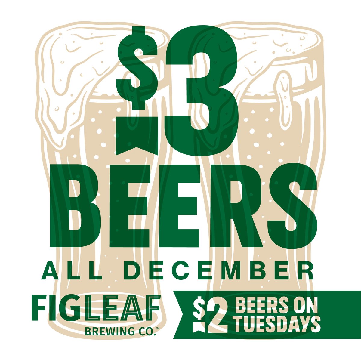 We're spreading holiday cheer with unbelievable savings this month! You can enjoy $3 Beers ALL DECEMBER long. Need an even better deal? Make sure to stop in on Tuesday for our special $2 Beers on Tuesdays promotion. Cheers to December!